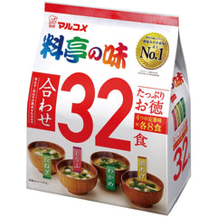 Marukome Taste 32-meals variety pack front view, showcases convenient miso soup assortment.