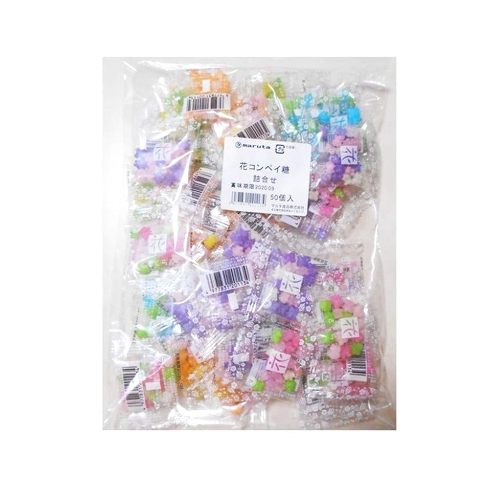 MARUTA Konpeito Hanatsume packaging set, gift-ready display of colorful candy.