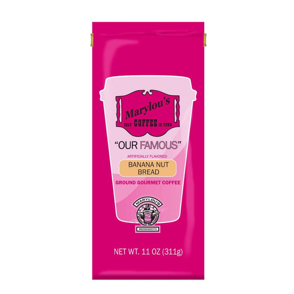 Marylou's Banana Nut Bread ground coffee in a 11oz pack ready to brew for cozy mornings.