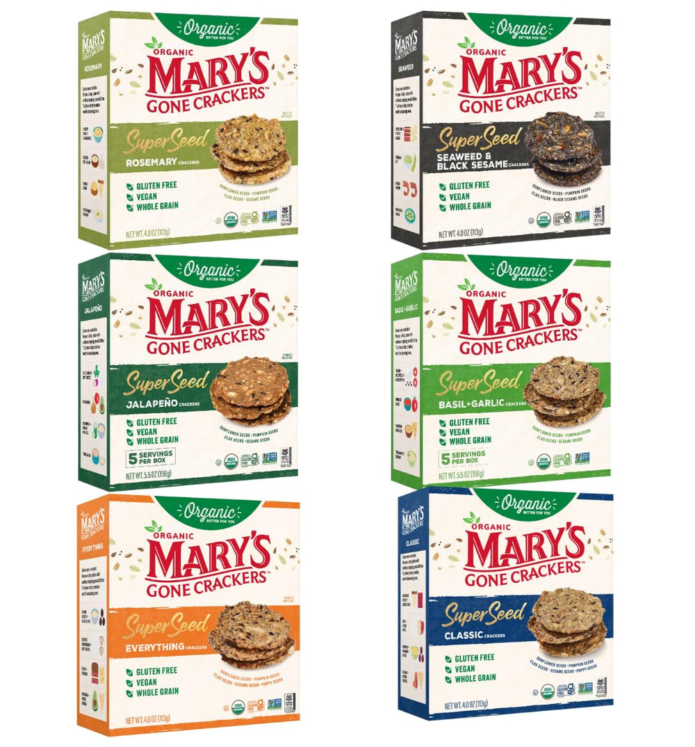 Mary's Gone Crackers SuperSeed Everything Seaweed & Black Sesame crackers offer gluten-free snacking with a bold flavor