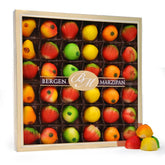 Marzipan Bergen 36-piece fruit box tray with colorful fruit-shaped marzipan, ideal for gifting.