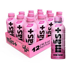 Más+ by Messi Miami Punch bottle showing natural flavors and electrolytes for on-the-go hydration