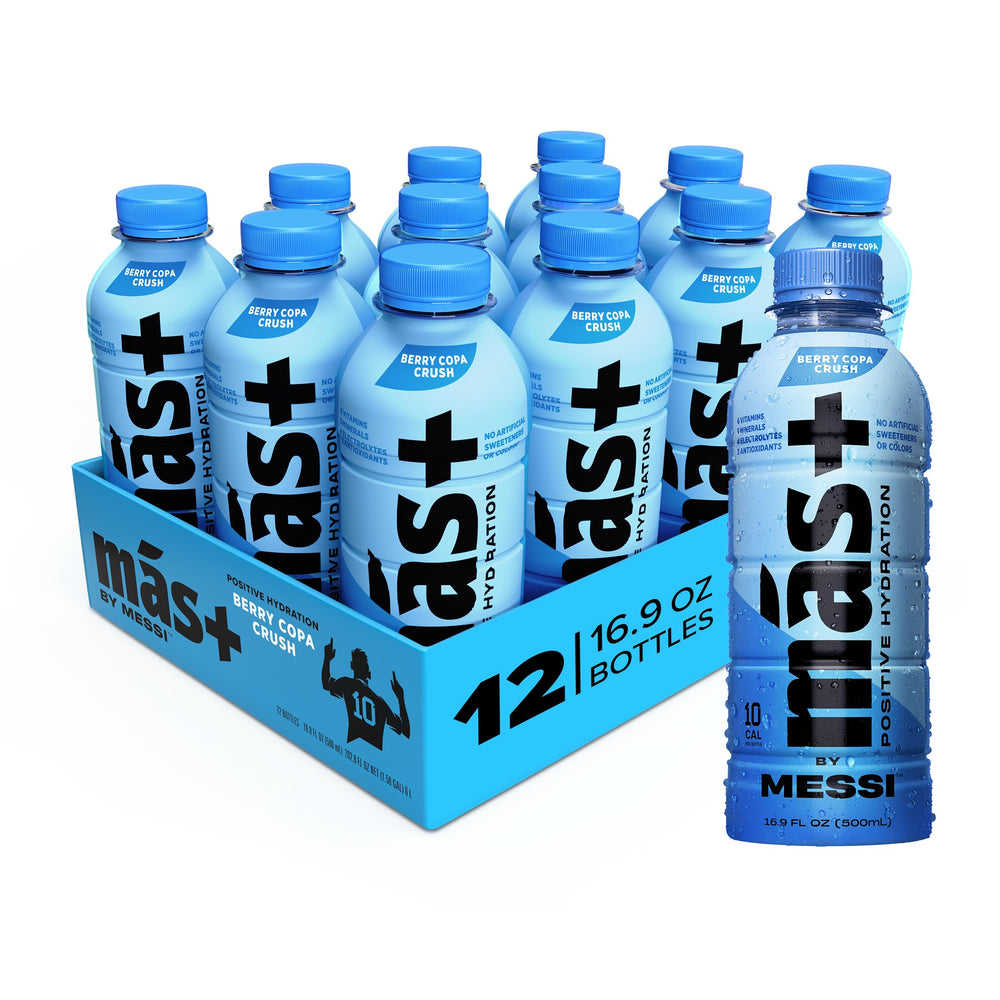 Más+ by Messi Berry Copa Crush bottle for refreshing daily hydration with natural flavors.