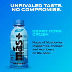 Más+ by Messi Berry Copa Crush label close-up with antioxidants.