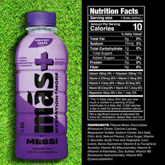 Más+ by Messi Miami Punch bottle front highlighting refreshing electrolytes.