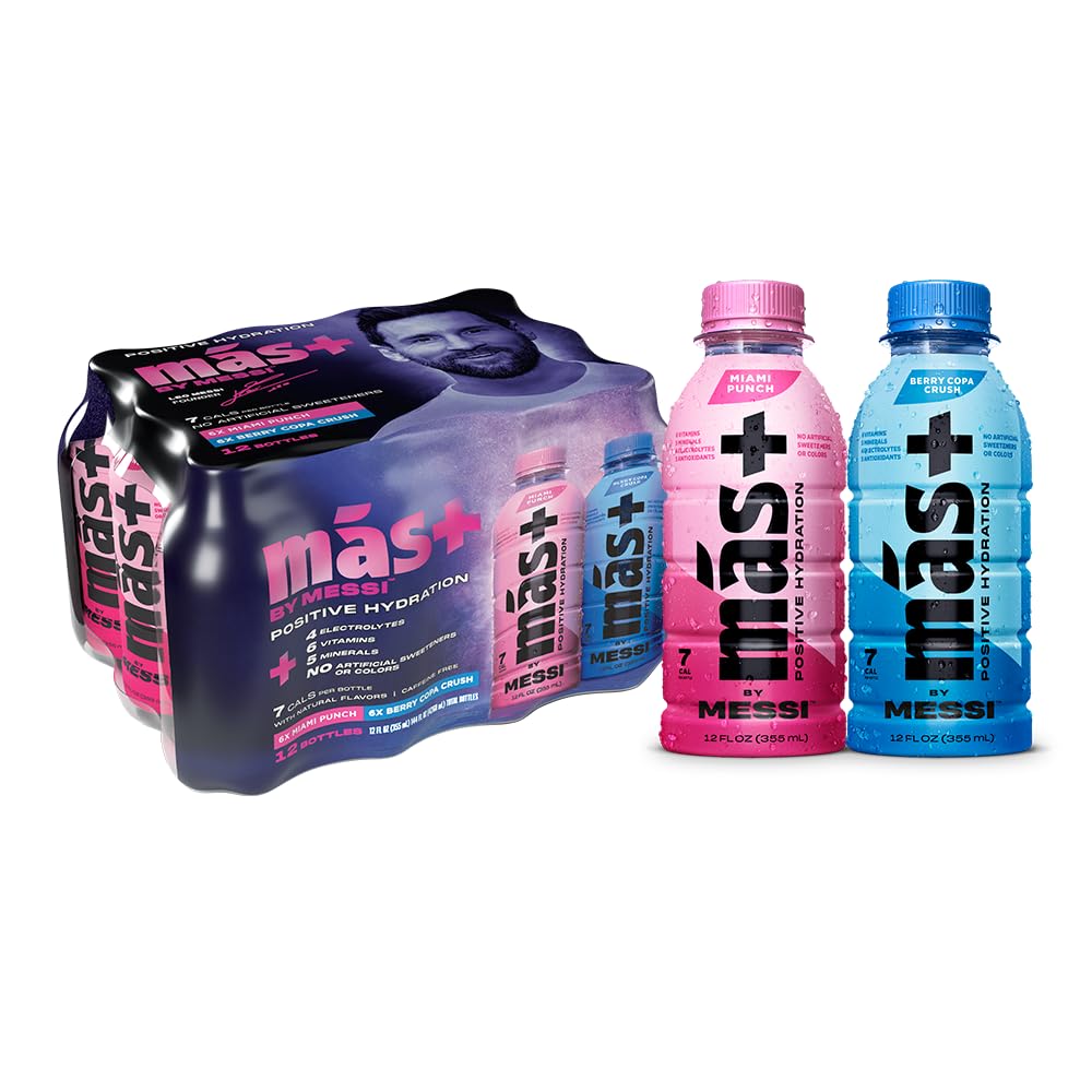 Más+ by Messi Miami Punch bottle for active hydration on the go.