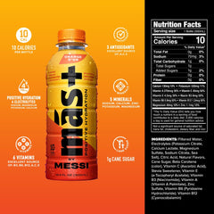 Más+ by Messi Orange d’Or label close-up highlights natural flavors and no artificial colors.