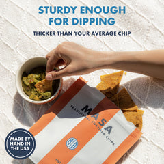 Ancient Crunch MASA chips small-batch fried for a crisp bite.