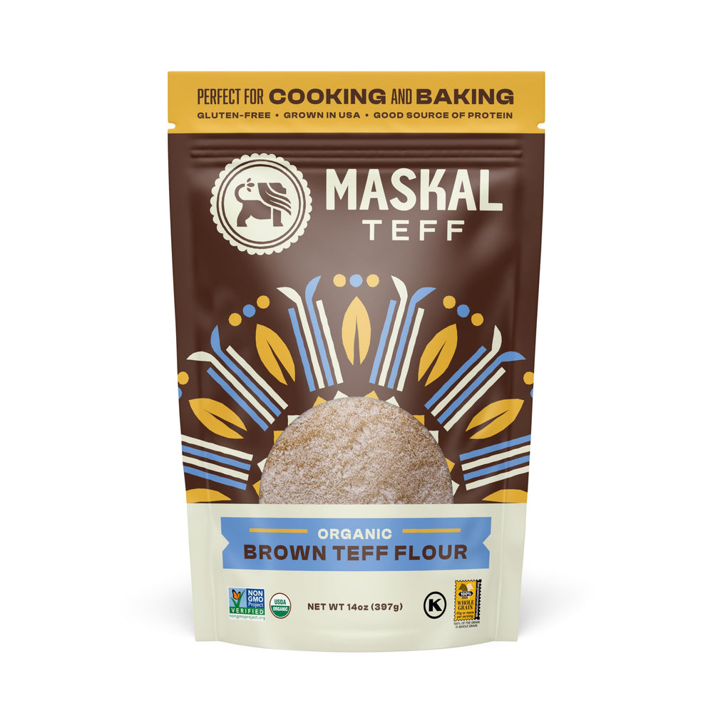 Maskal Teff Brown Teff Flour bag front ideal for gluten-free baking.