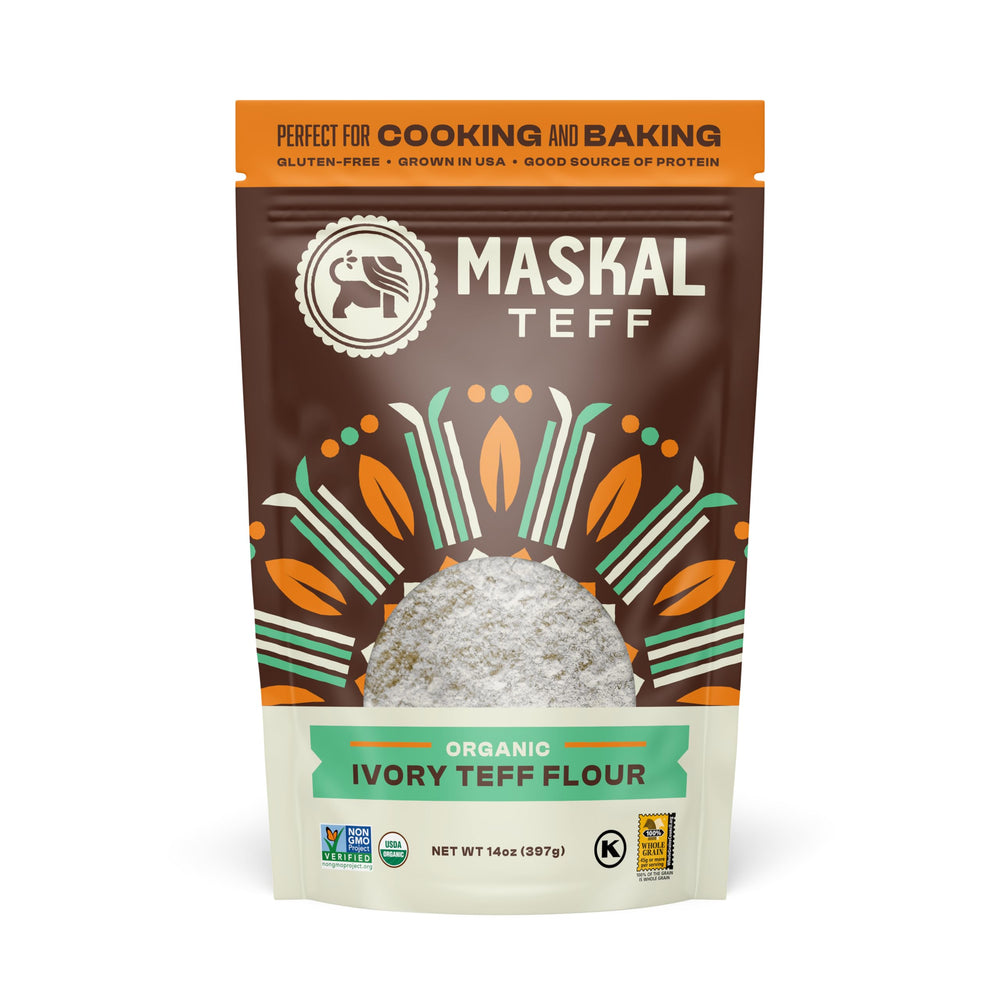 Maskal Teff Ivory Flour packaging showcases gluten-free, nutrient-rich baking at home.