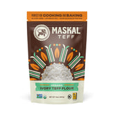 Maskal Teff Ivory Flour packaging showcases gluten-free, nutrient-rich baking at home.