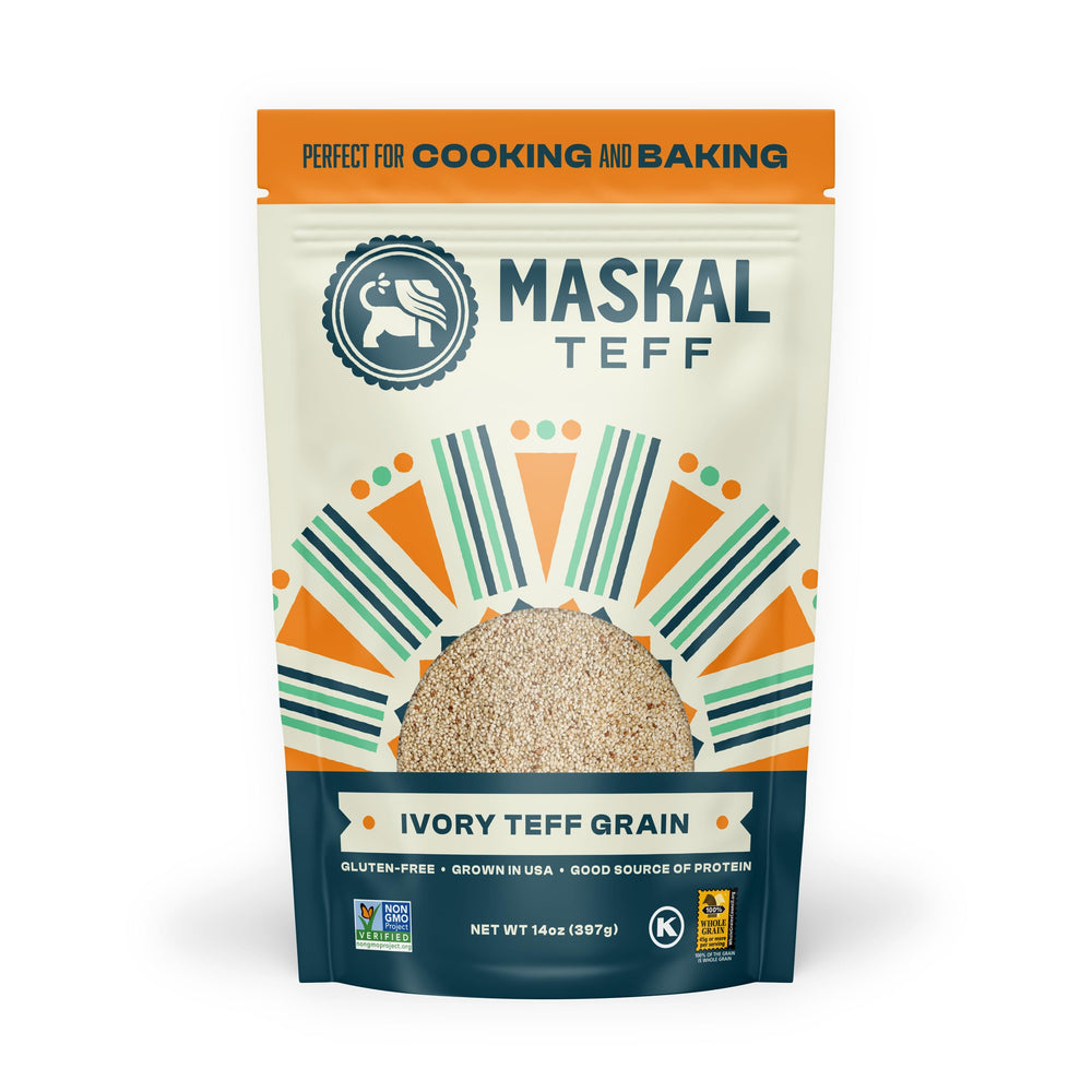 Maskal Teff Ivory grain in a resealable bag for gluten-free meals.