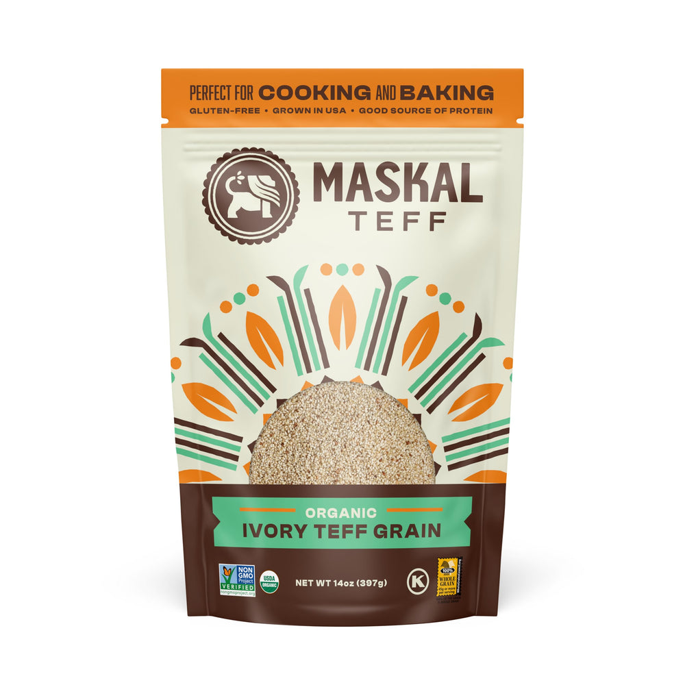 Maskal Teff Ivory Teff grain in a resealable bag for gluten-free meals