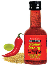 Master Chen's Sichuan Drizzle bottle pours over a dish, adding vibrant heat and sesame aroma.