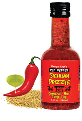 Master Chen's Sichuan Drizzle bottle pours over a dish, adding vibrant heat and sesame aroma.
