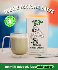 MATCHA DNA coconut latte mix stirred into a mug yields smooth cafe-style latte.