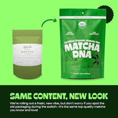 MATCHA DNA organic matcha powder with scoop and bowl ready for whisking
