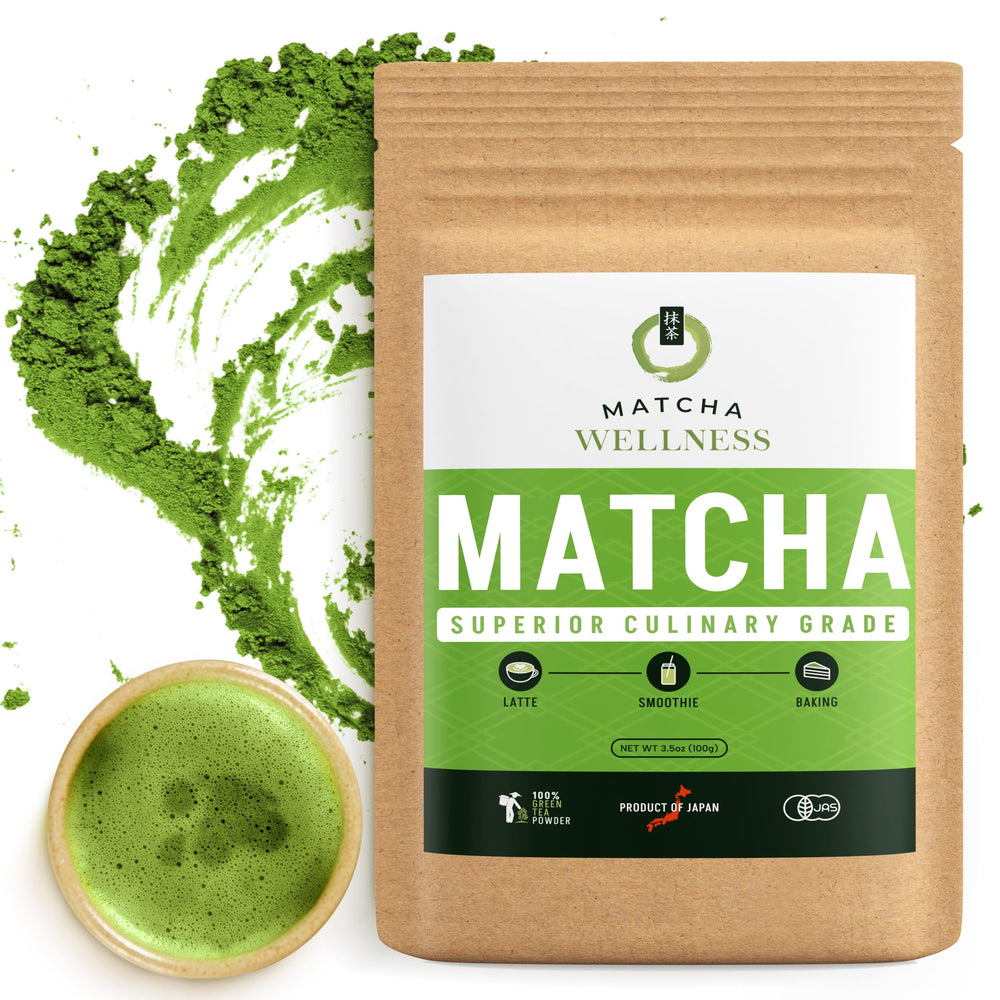 Matcha Wellness superior culinary grade powder in jar displaying vibrant green color for premium lattes.