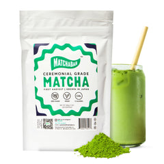 MATCHABAR ceremonial grade matcha powder in a jar, ideal for a focused morning ritual