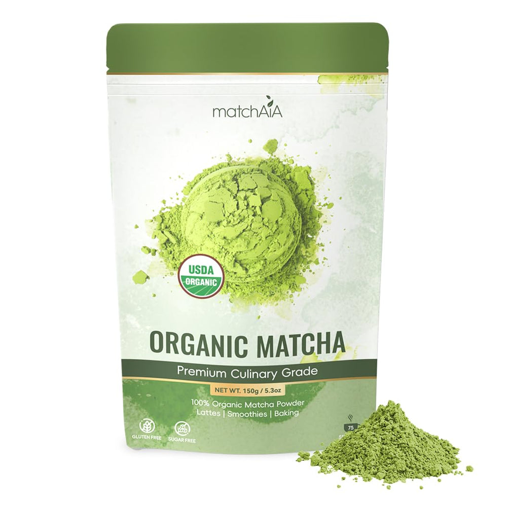 MatchAiA organic matcha powder in a jar closeup, ideal for premium lattes and desserts