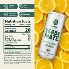 Mateina Yerba Mate Zero Sugar label closeup; organic energy details and caffeine amount