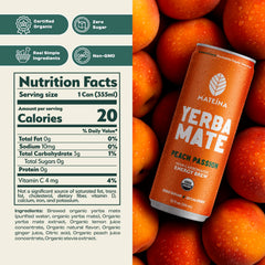 Mateina Peach Passion bottle highlighting organic, non-GMO energy