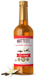Mateo's vanilla syrup bottle ready to elevate café-style flavor at home.