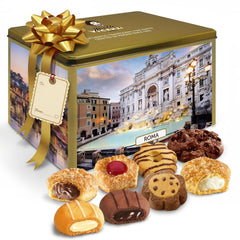 Matilde Vicenzi Roma gift tin front view, ideal for holiday gifting.