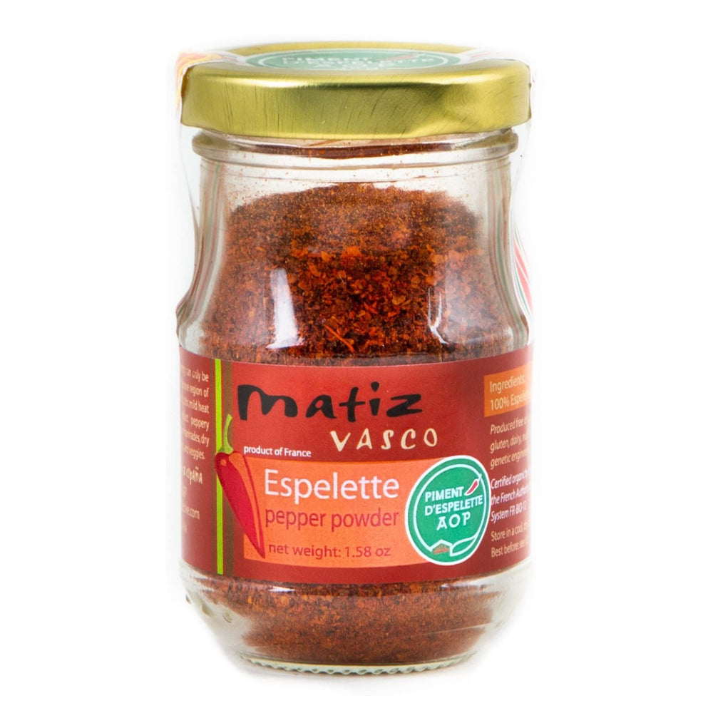 Matiz Espelette pepper bottle label for easy eggs and soups seasoning.