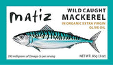 Matiz mackerel in EVOO 3 oz can showing premium quality and texture.