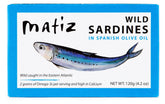 Matiz sardines in olive oil packaging front view for pantry-ready purchase