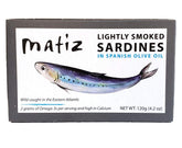 Matiz Sardines Lightly Smoked pack shot - premium flavor and protein-packed snack.