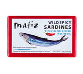 Matiz spicy wild sardines in olive oil pack of five tins, protein-rich snack.