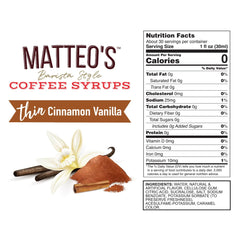 Pouring Matteo's Cinnamon Vanilla Syrup demonstrates keto-friendly sweetness in coffee.