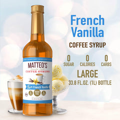 Matteo's vanilla syrup coffee-cup close-up demonstrates premium sugar-free convenience