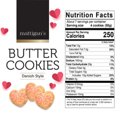 Mattigan's Pink Heart Danish-style cookies with a crisp bite for tea-time enjoyment.