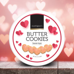 Mattigan's Pink Heart cookies in a silver tin, ready for gifting to friends and family.