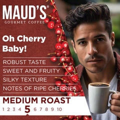 Maud's Arabica beans close-up signals premium, smooth brews.
