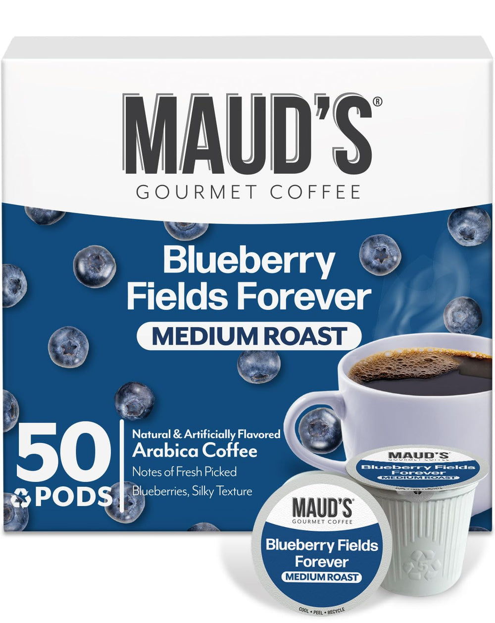 Maud's blueberry-flavored coffee pods pack shot for quick single-serve brewing.