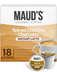 Maud's chai tea latte pods beside the box for home cafe quality