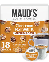 Maud's Cinnamon Roll pods packaging front highlighting premium, convenient single-serve flavor