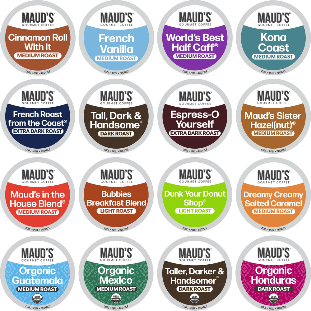 Maud's Coffee Lovers Variety Pack box front for flavor tasting.