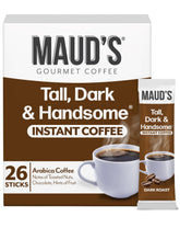Maud's Dark Roast Instant Coffee pack releasing rich aroma for quick mornings.