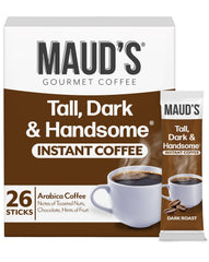 Maud's Dark Roast Instant Coffee pack releasing rich aroma for quick mornings.