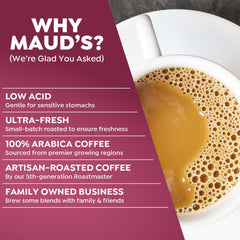 Maud's Decaf Coffee Pods near-brewed cup with inviting aroma