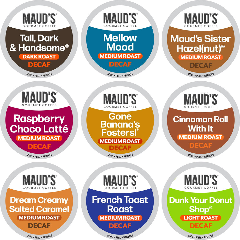 Maud's Decaf Coffee Pods variety-pack outer box for convenient home brewing