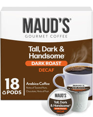 Maud's Decaf Dark Roast pods in 18-count box ready for home brewing