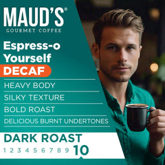 Maud's Decaf Espresso Pods on counter, compatible with Keurig machines.