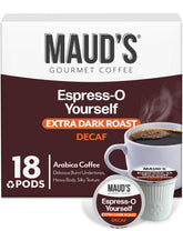 Maud's Decaf Espresso Pods packshot showing bold flavor and sustainable sourcing.