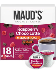 Maud's decaf raspberry chocolate pod front view showing flavor focus